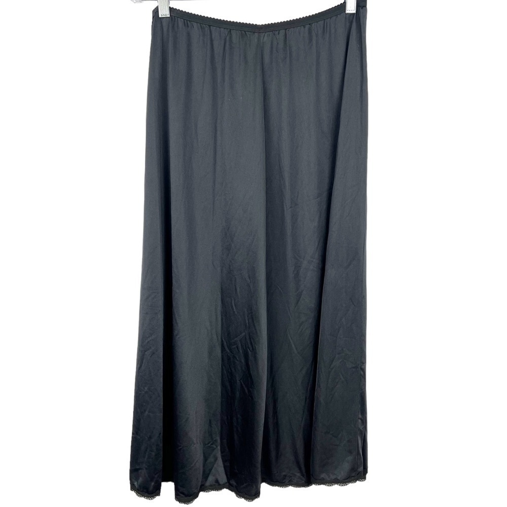 Vintage Y2K satin slip midi skirt size 1X lace trim black